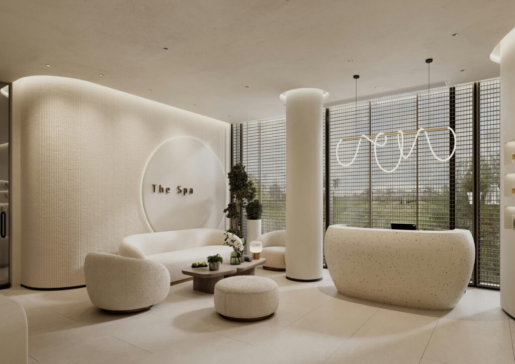 A serene and minimalist spa interior featuring curved furniture and natural light. Perfect for relaxation.